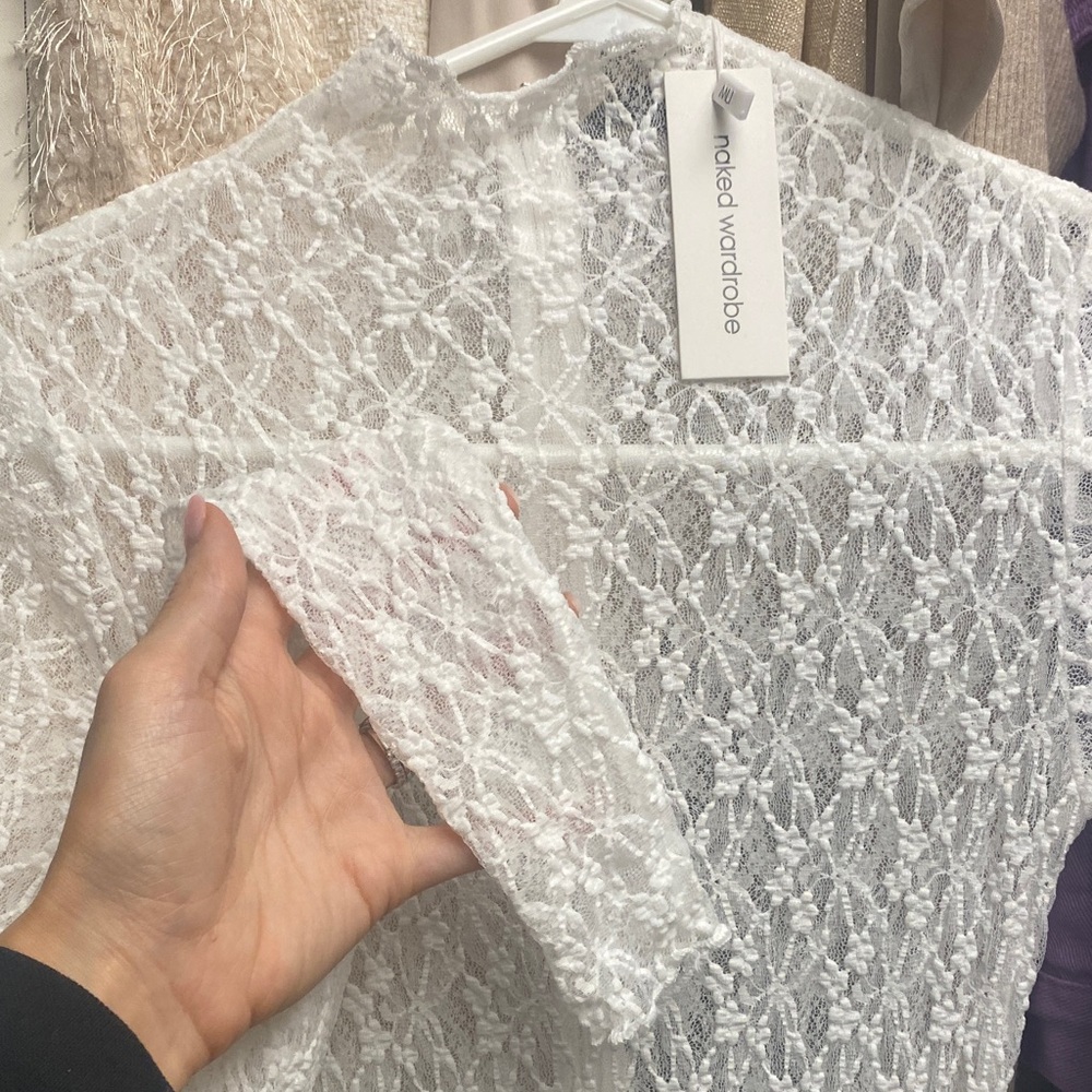 Naked Wardrobe White Lace Maxi Dress Long Sleeve High Neck, NWT XS Never Worn
